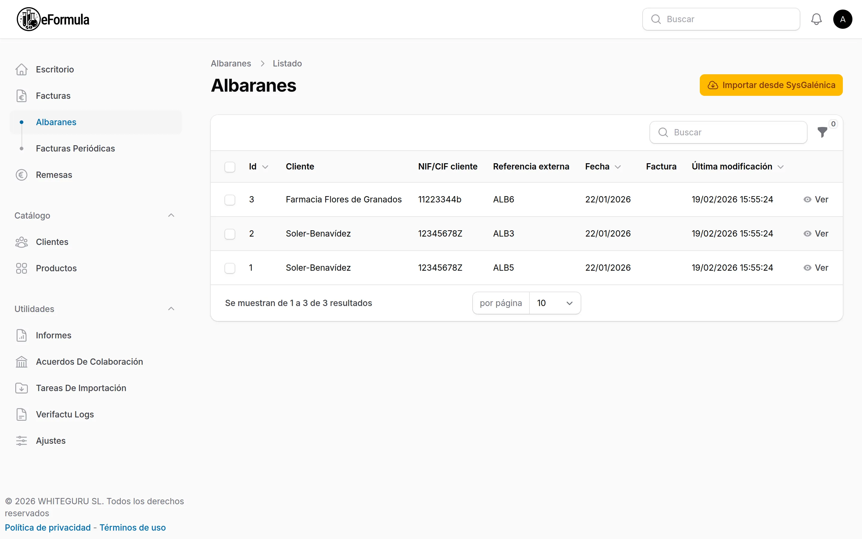 Listado de albaranes con botón de importar desde SysGalénica