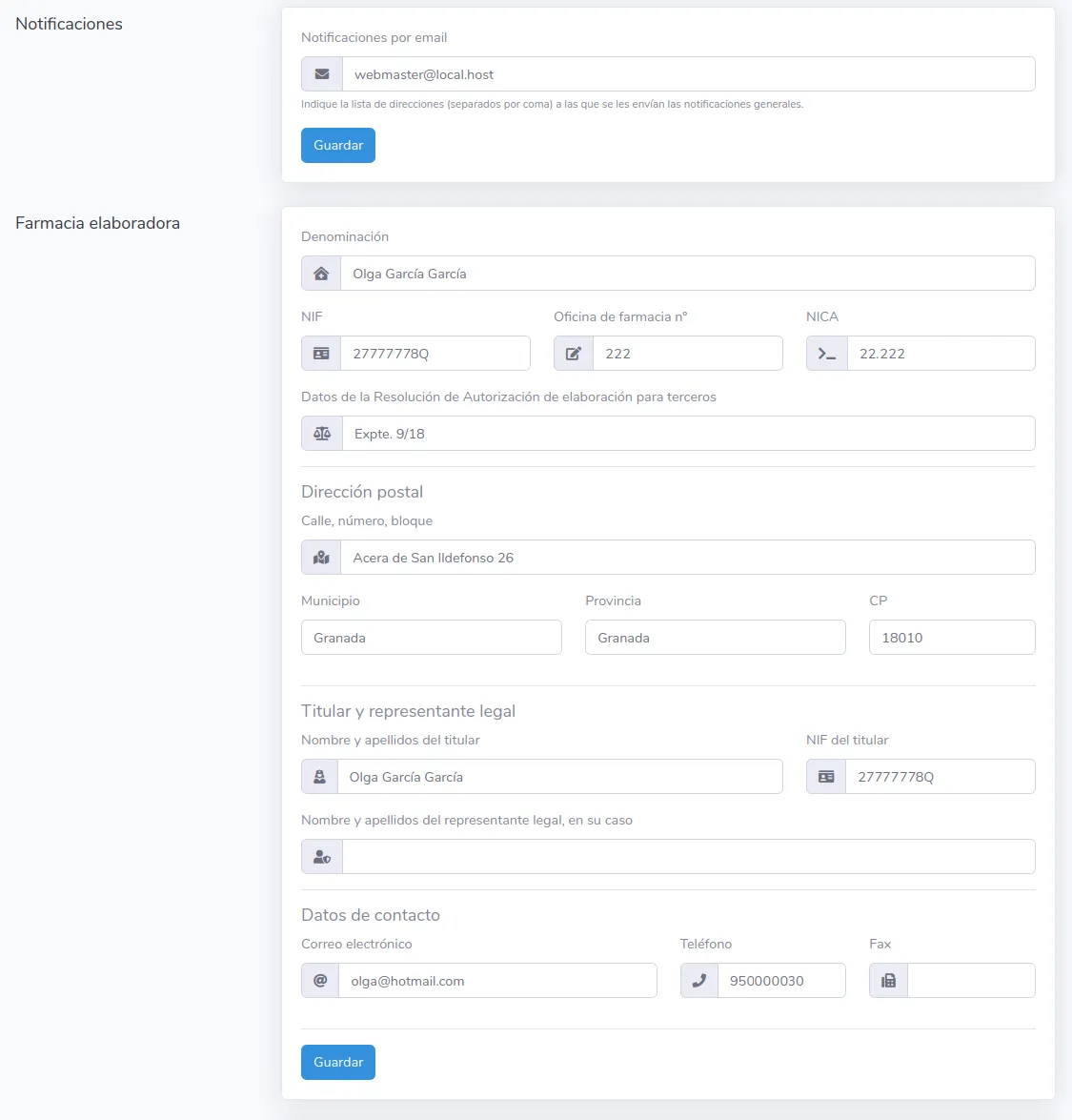 Configuración de la farmacia elaboradora, notificaciones y autorización
