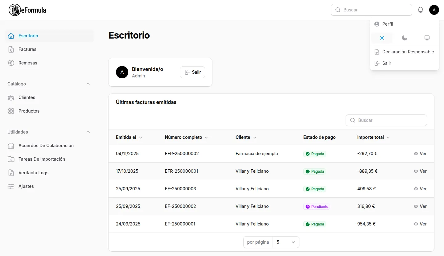 Escritorio de eFormula con las últimas facturas emitidas, facturación mensual y estado de cobros