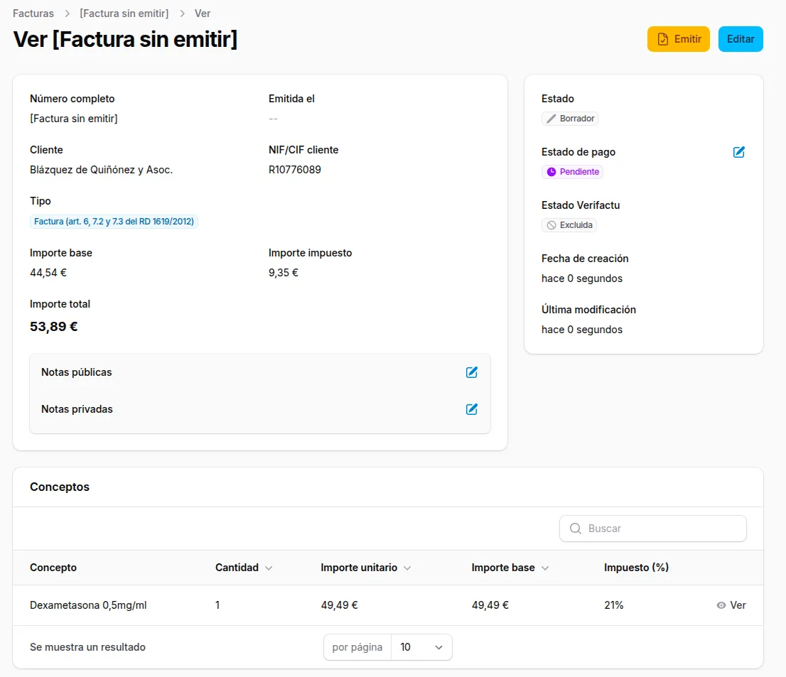 Vista de detalle de una factura con estado de pago y estado Verifactu