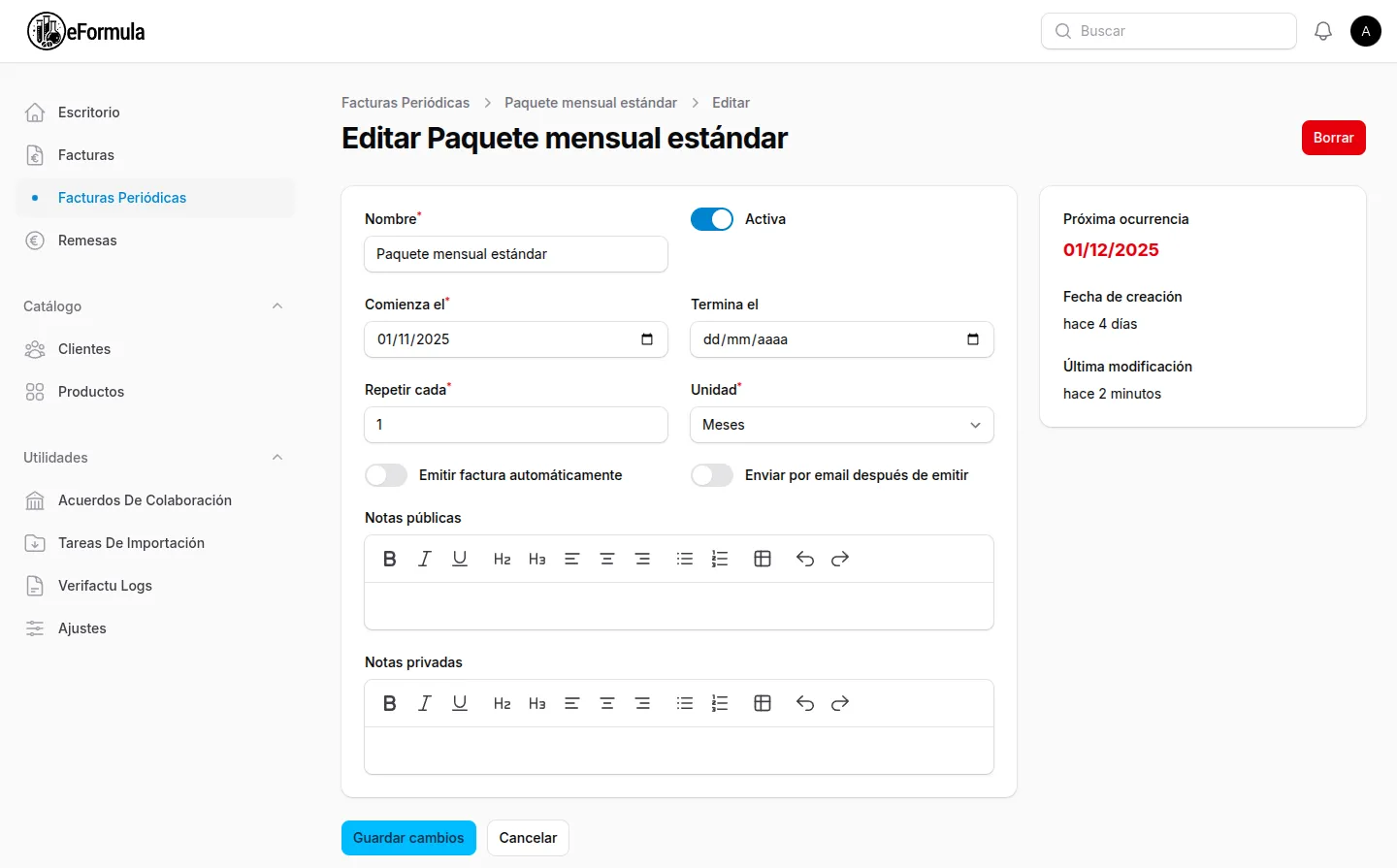 Edición de una factura periódica mensual