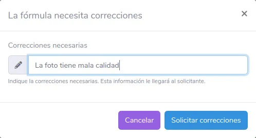 Diálogo para solicitar correcciones de una fórmula