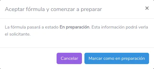 Diálogo para marcar la fórmula como en preparación