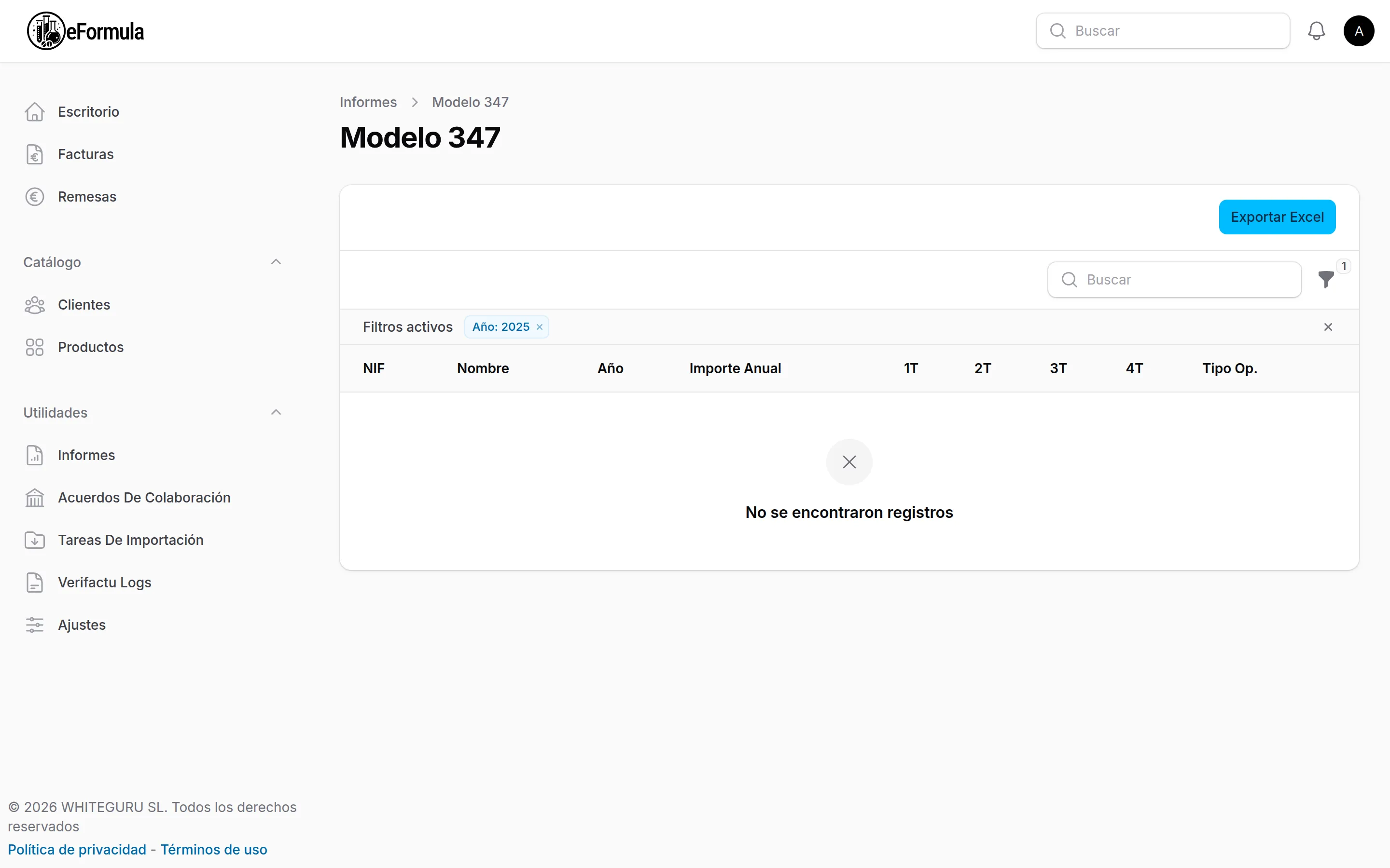 Informe del Modelo 347 con filtro por año y exportación a Excel
